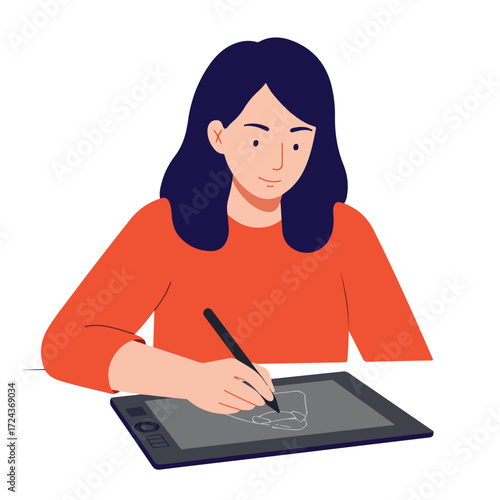 Flat illustration woman using pen to draw on a graphics tablet