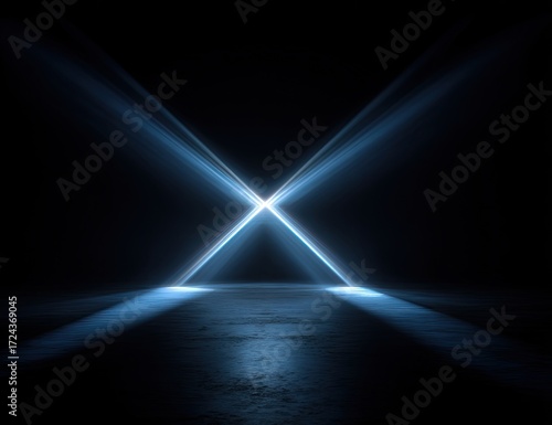 Dark room, bright light beams, geometric