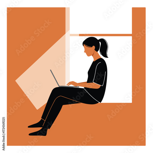 A person working on a laptop sitting on a window sill, abstract style