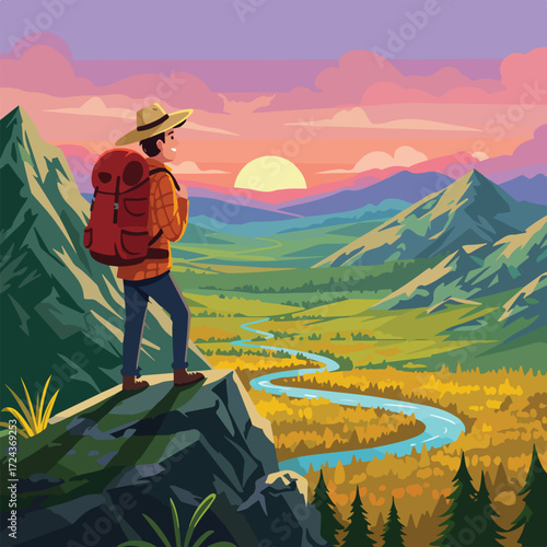 Hiker with backpack watches the sunrise from a mountain cliff, river below