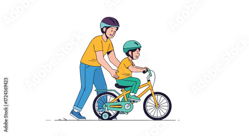 Illustration of father and son learning to ride a bicycle together, showcasing family bonding and early childhood development on a white background