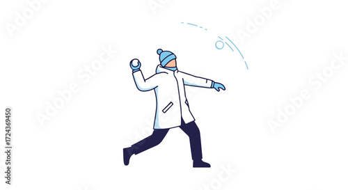 Whimsical winter fun: a cartoon person throws a snowball with enthusiasm, perfect for playful holiday graphics and cheerful seasonal designs