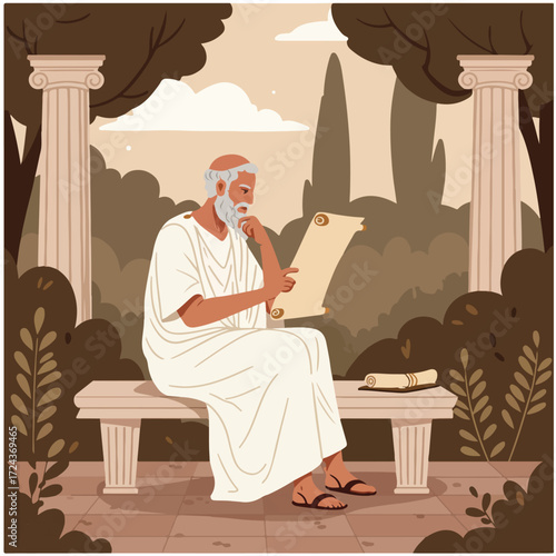 Sage reads scroll on bench near columns, wearing toga in classical-themed scenery