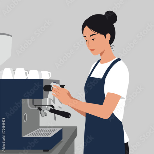 Flat illustration of barista wiping down a navy blue espresso machine