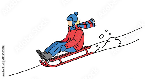 Animated depiction of a child enjoying a winter sledding activity down a snowy hill landscape in bright cartoon style showcasing joyful outdoor fun