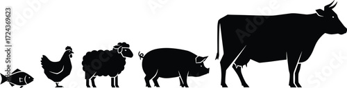 Farm animal silhouettes in size progression from fish to cow, ideal for agriculture, livestock, education, or food industry vector illustrations with clean design and comparative scale