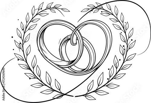 Elegant wedding rings entwined within a heart-shaped laurel wreath, perfect for love, marriage, anniversary, or engagement vector illustrations with romantic symbolism and timeless design