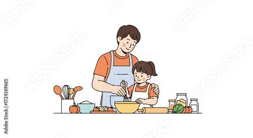 Charming Illustration of Father and Daughter Baking Together in a Bright and Airy Kitchen Setting Filled with Love
