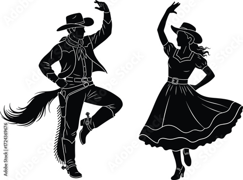 Cowboy and cowgirl silhouettes dancing in Western attire, perfect for country music, rodeo, line dance, ranch, festival, or western wedding themes with dynamic poses and rustic charm