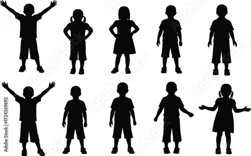 Children silhouettes in playful poses, perfect for education, childhood, parenting, or school-themed vector illustrations with diverse gestures, joyful expressions,