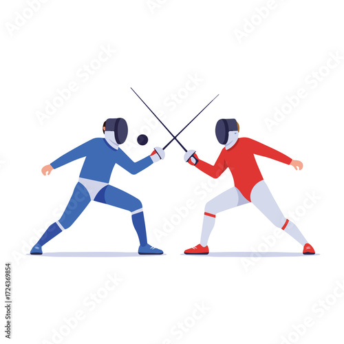 Fencers in red and blue face off, swords crossed, white background