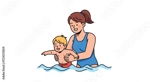 Cheerful illustration depicting a young child learning to swim with the assistance of their mother in a pool