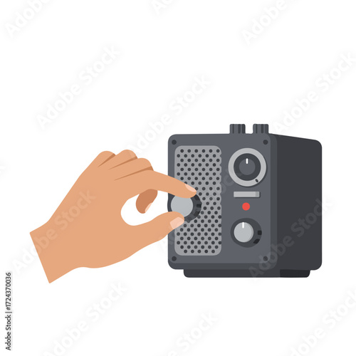 Flat illustration of a hand adjusting settings on a gray square device