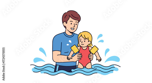 Father helping his daughter swimming with armbands, vector illustration, showing bonding, learning and water safety, with white background, cartoon