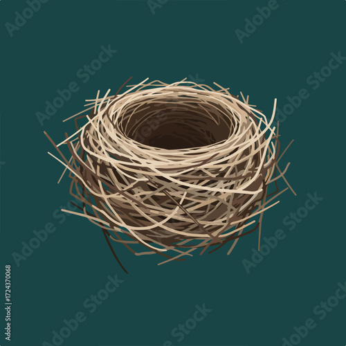 Nest crafted of twigs, brown and tan colors, on a teal backdrop