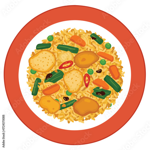 Fried rice with vegetables & protein on white plate with orange trim