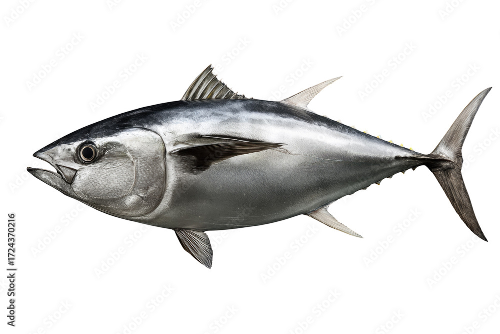 Fototapeta premium A detailed illustration of a tuna fish, showcasing its sleek body and prominent fins against a transparent background. background removed