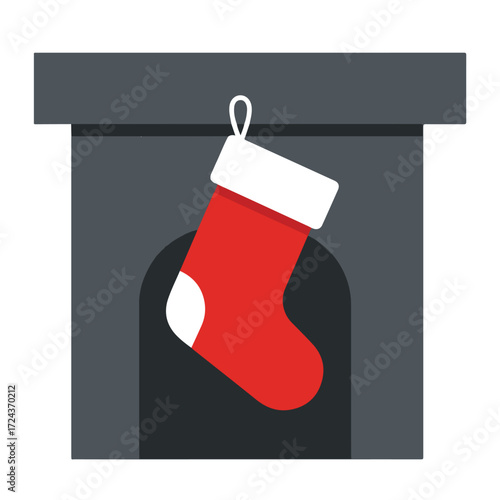 A red Christmas stocking hangs from a dark gray mantlepiece