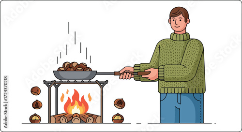 Illustration of a man roasting chestnuts over an open fire, capturing an idyllic autumnal scene with warmth and tradition displayed in a stylized