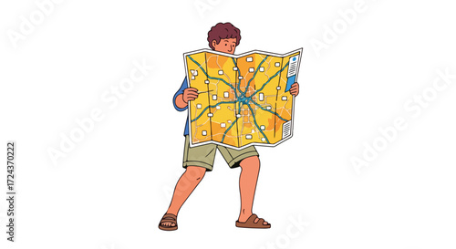 Lost in a new city: An illustration of a tourist engrossed in a large paper map for orientation and navigation during his explorations of the urban