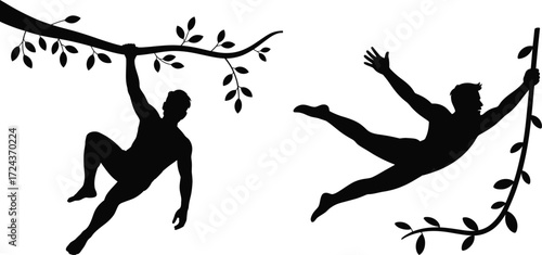Silhouette of Men Swinging on Jungle Vines