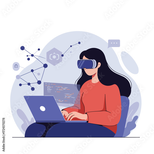 VR user codes with laptop amidst abstract network visuals and background shapes