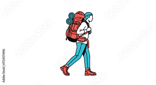 Illustration of a lone traveler with a large backpack on a white backdrop showcasing adventure and exploration in minimalist style