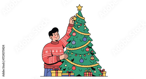 Festive tradition of placing the star on the christmas tree with gifts presents a scene of holiday cheer celebration