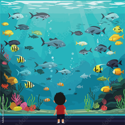 Young boy views vibrant marine life inside a large aquarium tank