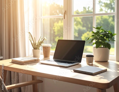 Wallpaper Mural Work from Home: A modern home office: laptop on a clean desk, potted plant, notebook, natural light from window, casual yet tidy Torontodigital.ca