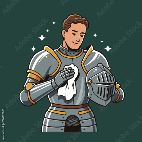 Cartoon of smiling man polishing armor