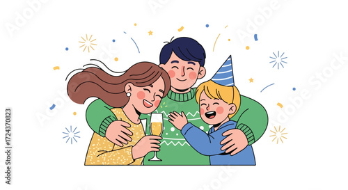 Joyful family celebrating with confetti and sparkling drinks in a happy embrace festive occasion togetherness moment