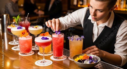 Bartender Decorates Drinks.