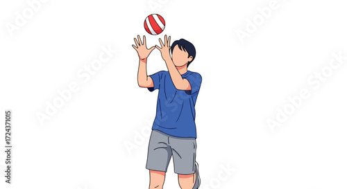 Young man with blue t-shirt playing volleyball in a dynamic pose, showing sportsmanship and energetic activity on a clean background, captured in