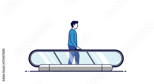 Illustration of a man riding an escalator with a minimalist and clean design representing modern urban mobility and pedestrian transport at retail