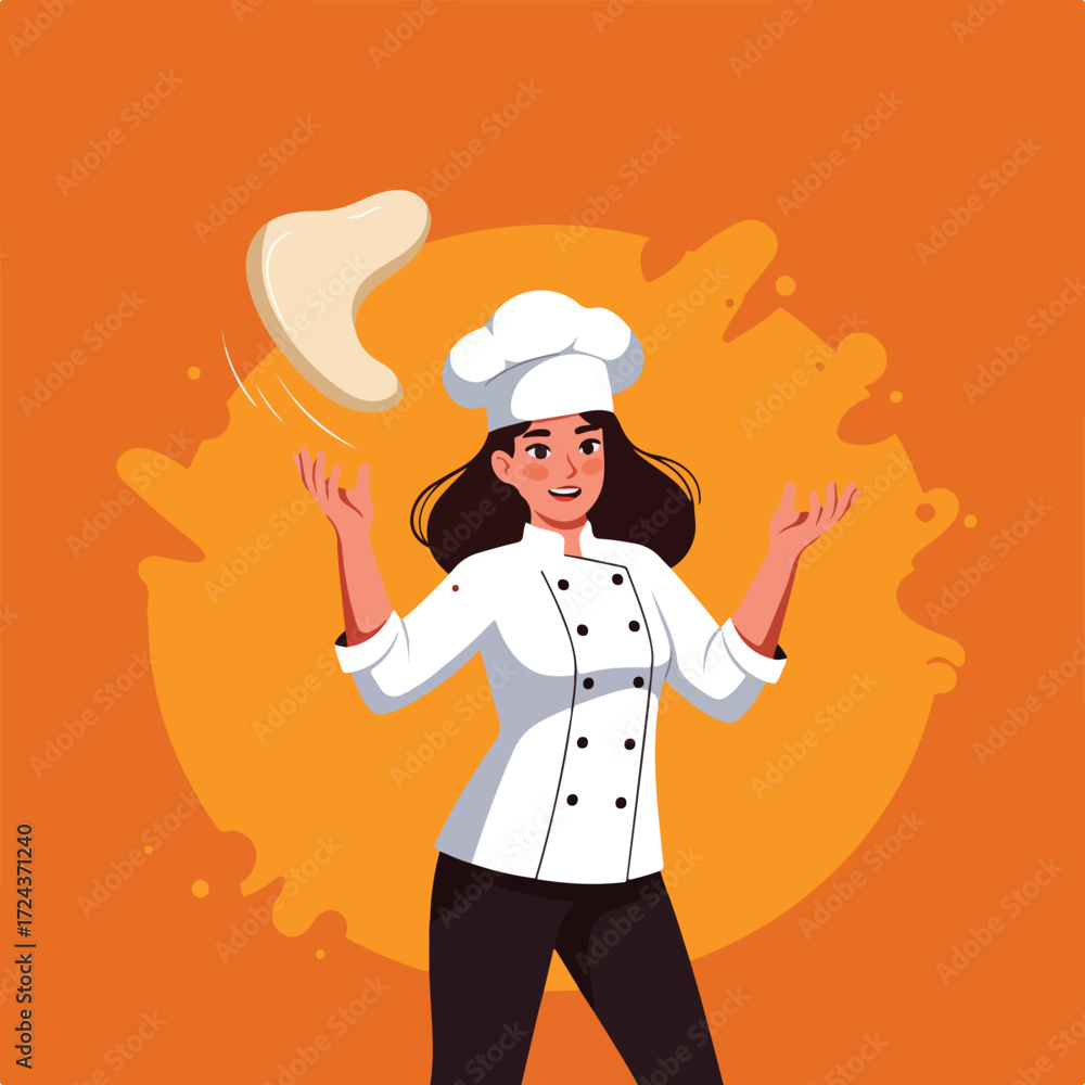 Naklejka premium Cheerful chef tossing dough against orange backdrop