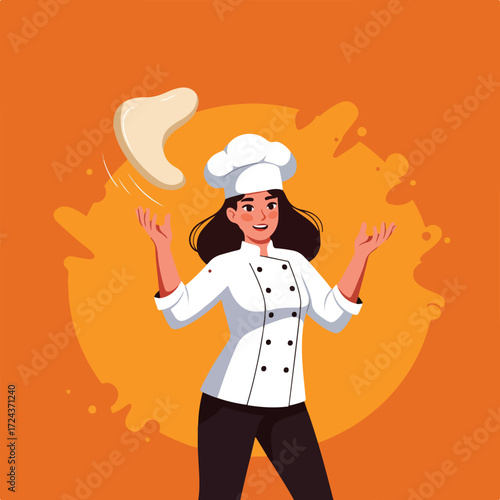 Cheerful chef tossing dough against orange backdrop