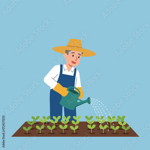 Cartoon farmer watering seedlings in field