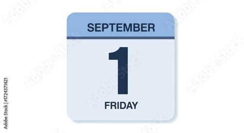 A simplistic calendar illustration signifying the arrival of September first, a Friday with clear blue and white color schemes, and a minimalistic