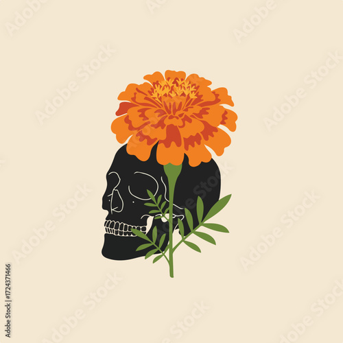 Marigold sits atop a stylized black skull with green leaves against a beige background