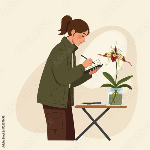 Woman taking notes on orchid