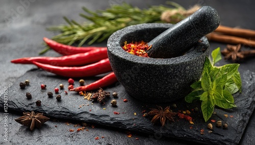 Aromatic spices and herbs on dark slate