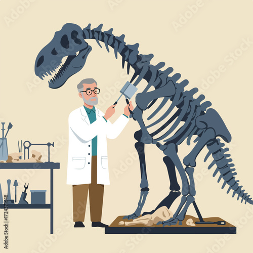 Paleontologist assembling large dinosaur fossil skeleton in lab