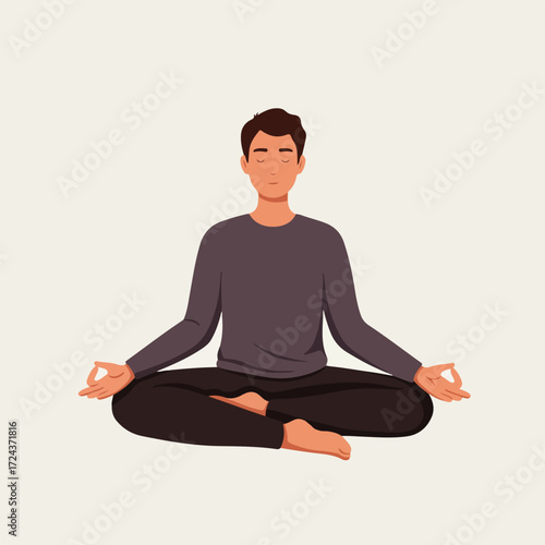 Meditating man in lotus pose with eyes closed on a beige background
