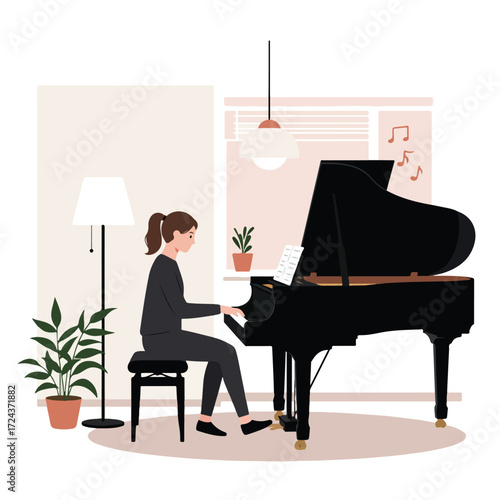 Woman plays black grand piano in a light room with plants, lamp, and music notes