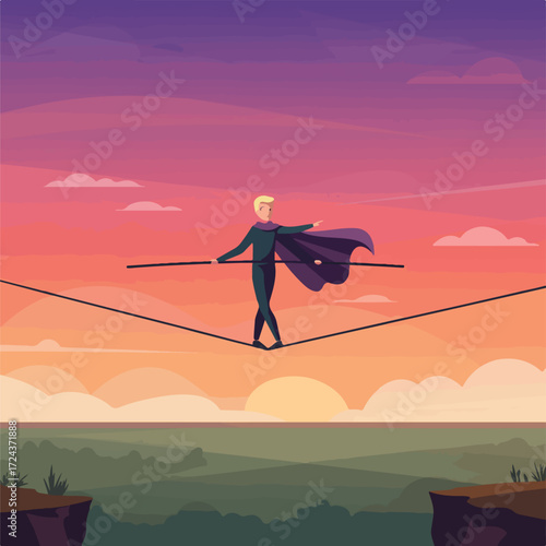 Blond man with cape balances on a tightrope with sunset and cliffs in background