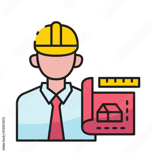 Flat icon of an architect in a hard hat with blueprints and a ruler
