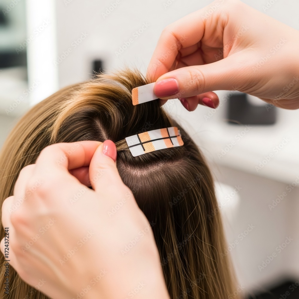 Naklejka premium Hairdresser attaching extension to woman's hair. Hair replacement system for volume and length. Treatment for hair loss concept.