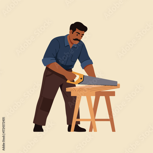 Man sawing wood on a sawhorse in a simple, flat design
