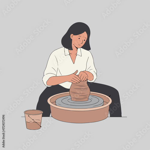 Cartoon of woman shaping clay pot on wheel, water bucket near. Minimalistic